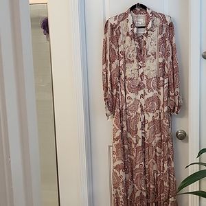 Maxi tiered red floral dress with lace accents and cotton liner